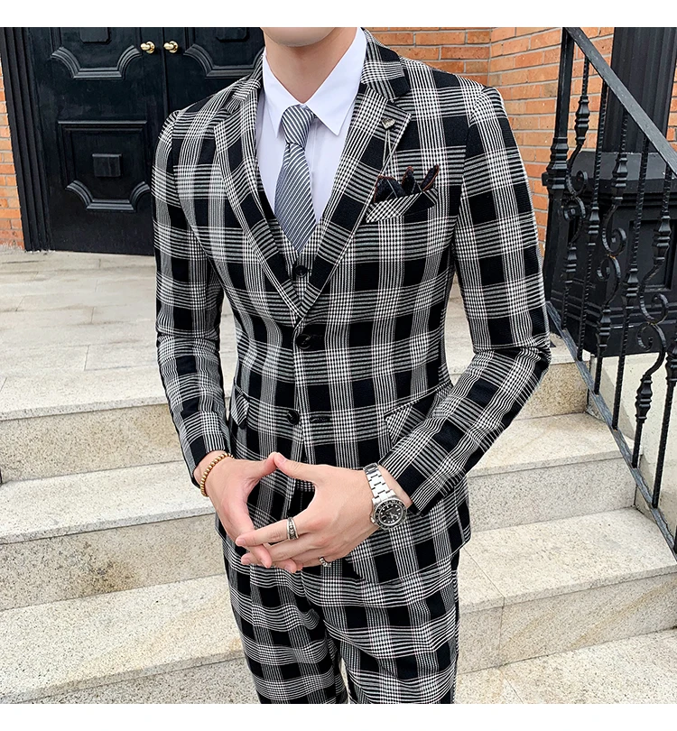 Wonderful Groom Male Wedding Prom Suit lattice Slim Fit Tuxedo Men Formal Business Work Wear Suits 3Pcs Set(Blazer+Pants+Vest