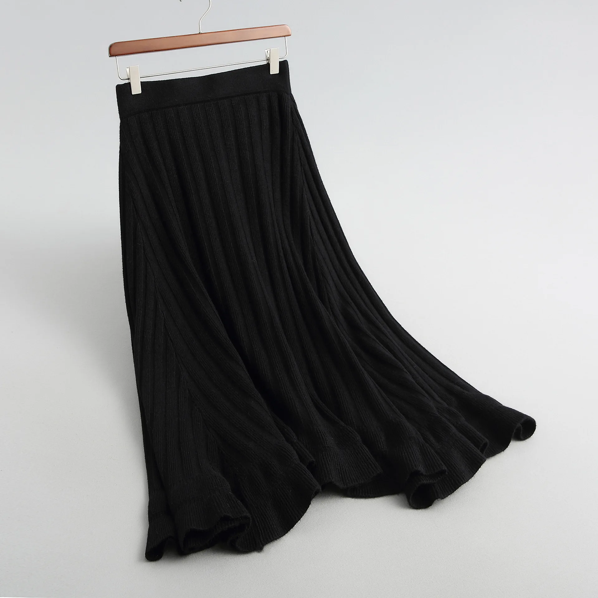 

wine grey black beige flexible stretch high waisted midi ruffle warm knitted skirt for women womens umbrella skirts saia saias