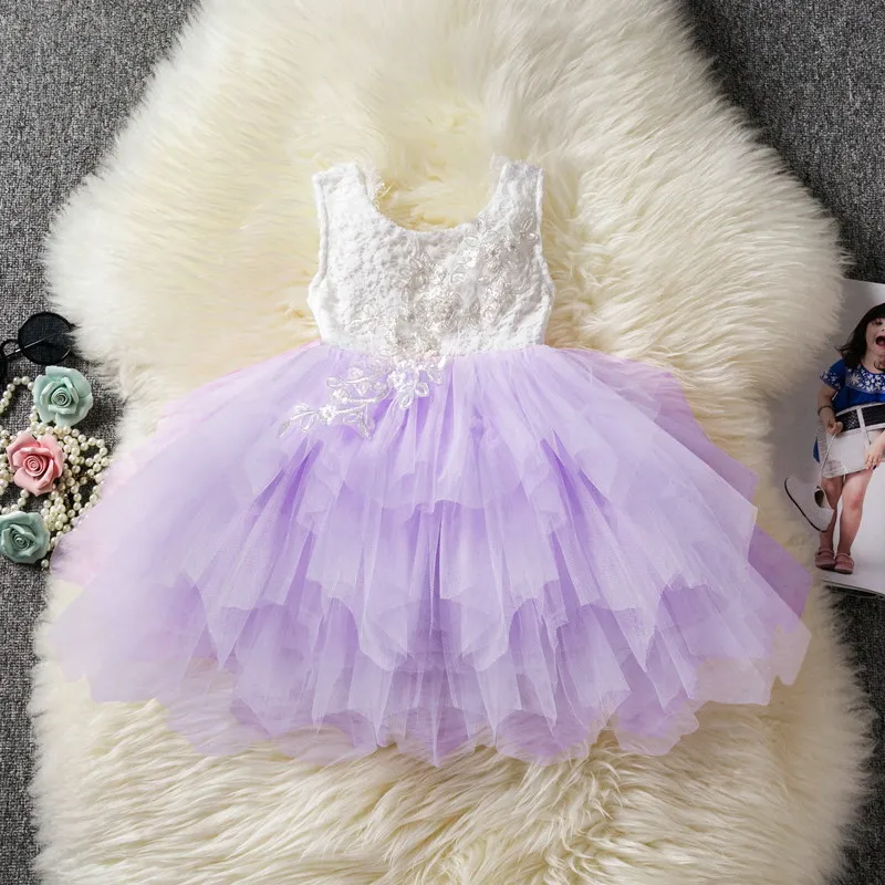 Платье принцессы для маленьких девочек; Детские платья без рукавов для маленьких девочек; кружевное платье с цветочным узором для дня рождения; повседневная одежда; одежда для детей - Цвет: Purple 1