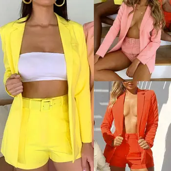 

2pcs Women Casual Blazer Suits Slim Fit Formal Cardigan Suit Blazer Coat+Shorts Jacket Set Lady Office Work Suit Femme Jackets