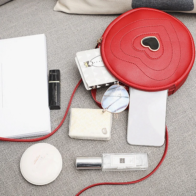 Fashion Cute Round Heart-Shaped Pattern Women'S Zipper Messenger Bag Shoulder Bag Handbag Red