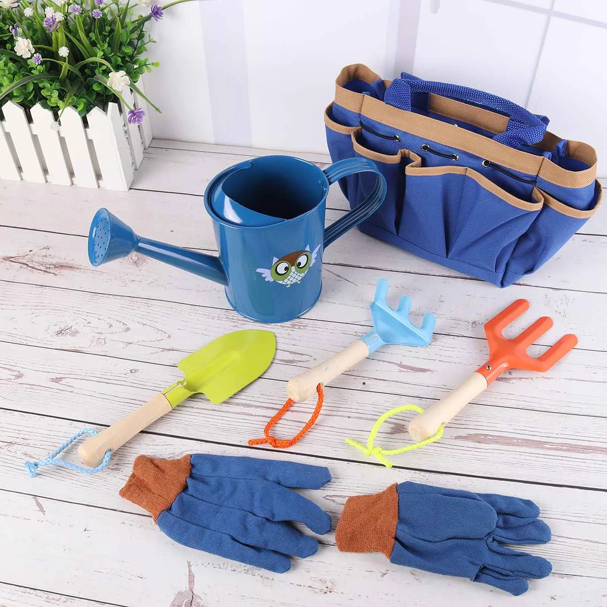 Juego de herramientas de jardinería para niños, pala de madera, rastrillo, paleta de riego, guantes de jardinería, juguete de playa, 6 uds.