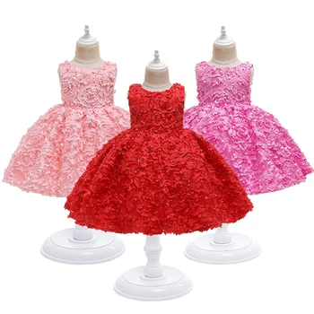 

3 Colors Fashion Flowers Embroidered Girls Dress Christmas Party Cute Rose Solid Color Princess Dress 1-6 Year Baby Girl Clothes
