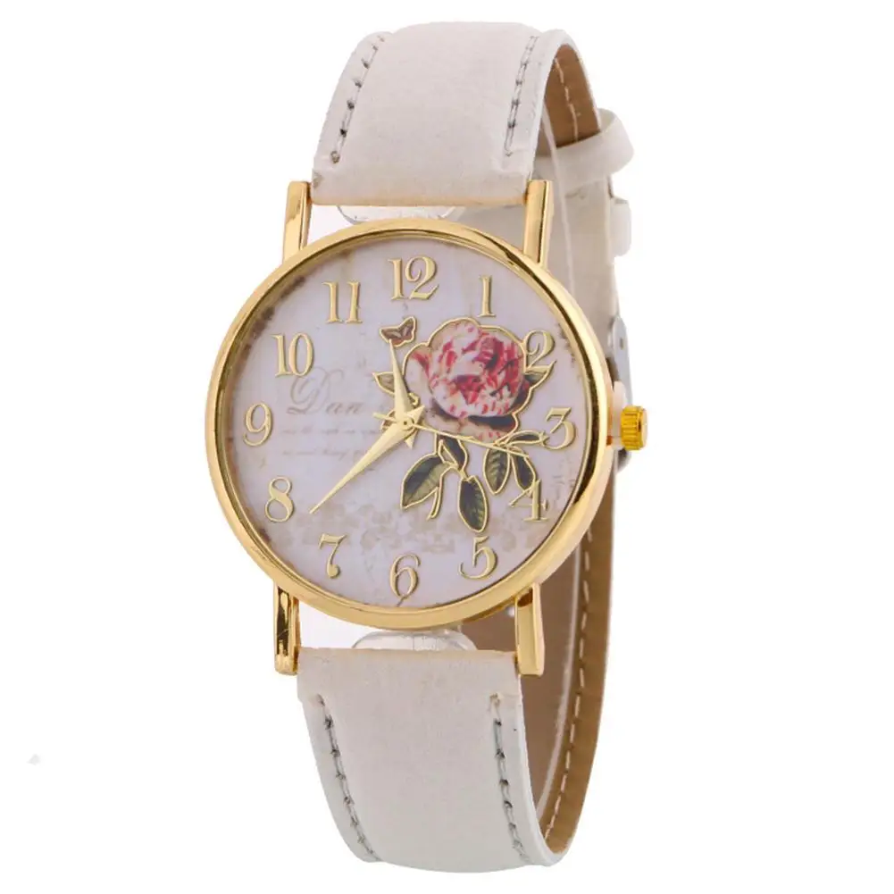 Women Rose Flower Round Dia Quartz Watch Faux Leather Band Arabic Number Wristwatch Christmas Gift