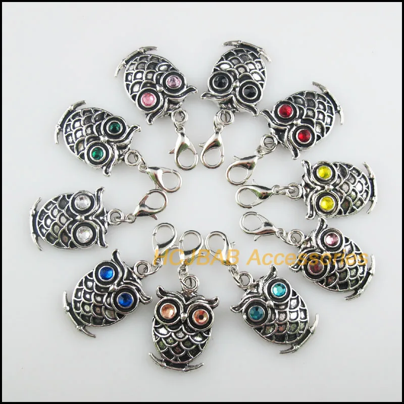 

10Pcs Tibetan Silver Tone Owl Retro Mixed Round Crystal 15x24mm With Lobster Claw Clasps Charms