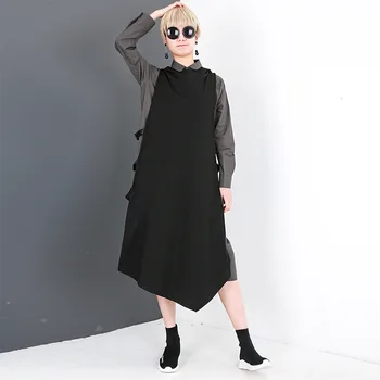

LANMREM 2020 Spring And Spring New Products Fashion Loose Solid Color Lapel Long Irregular Shirt Two-piece Female PB251