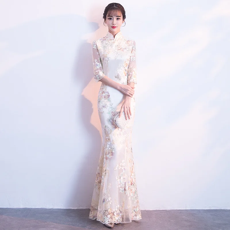 Элегантное китайское вечернее платье Qipao, винтажное тонкое платье русалки, кружевное Цветочное платье подружки невесты, Cheongsam