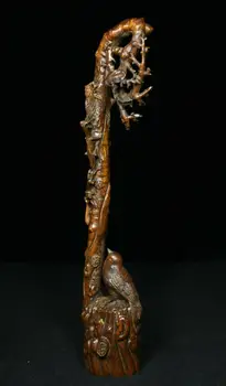 

wedding decoration 13" China Folk Collect Boxwood Wood Carved mantis stalking cicada siskin Statue