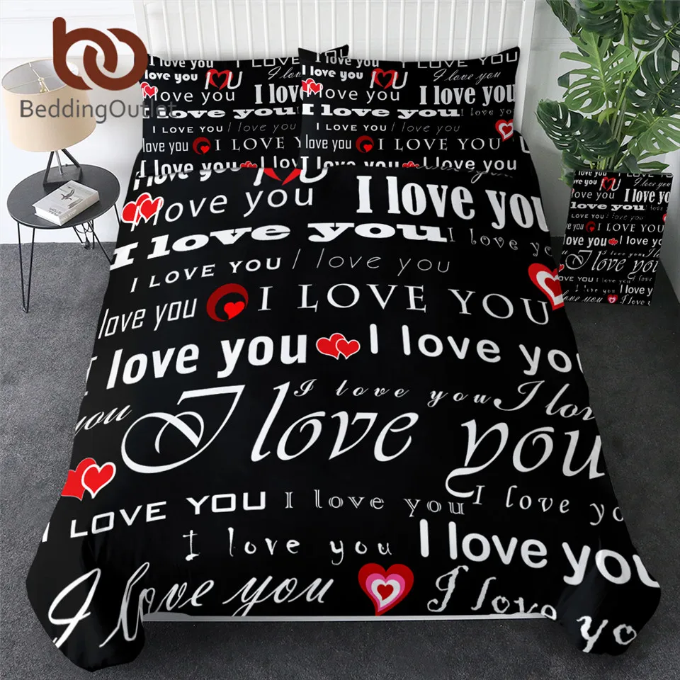 Комплект постельного белья с надписью I Love You пододеяльник красными сердечками