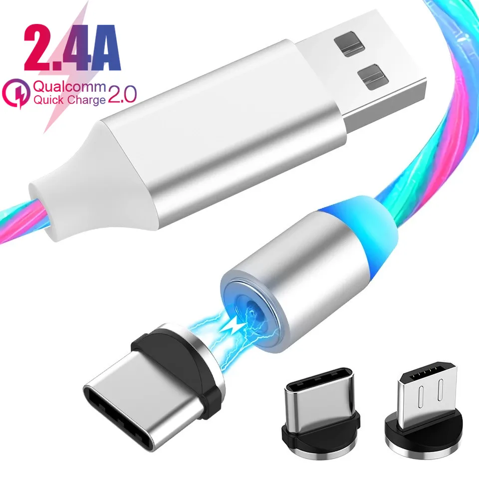 

Magnetic Flowing LED Micro USB Cable For Samsung S10 S9 Type-c Charging Charge For iPhone Xs 1M Magnet Charger USB Type C Cables