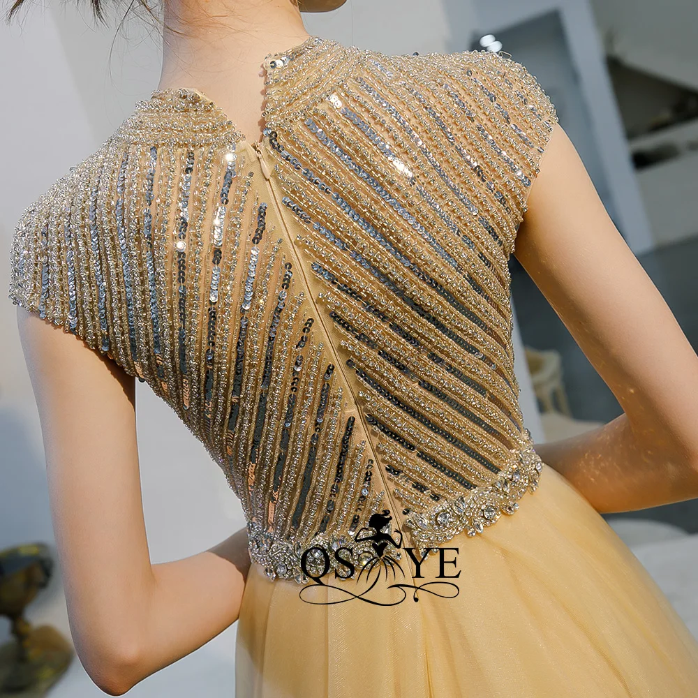 QSYYE2019 ever pretty Long Prom Платья Тюль o-образным вырезом корт Поезд Труба украшенное бисером с длиной до пола формальное вечернее платье вечерние платья