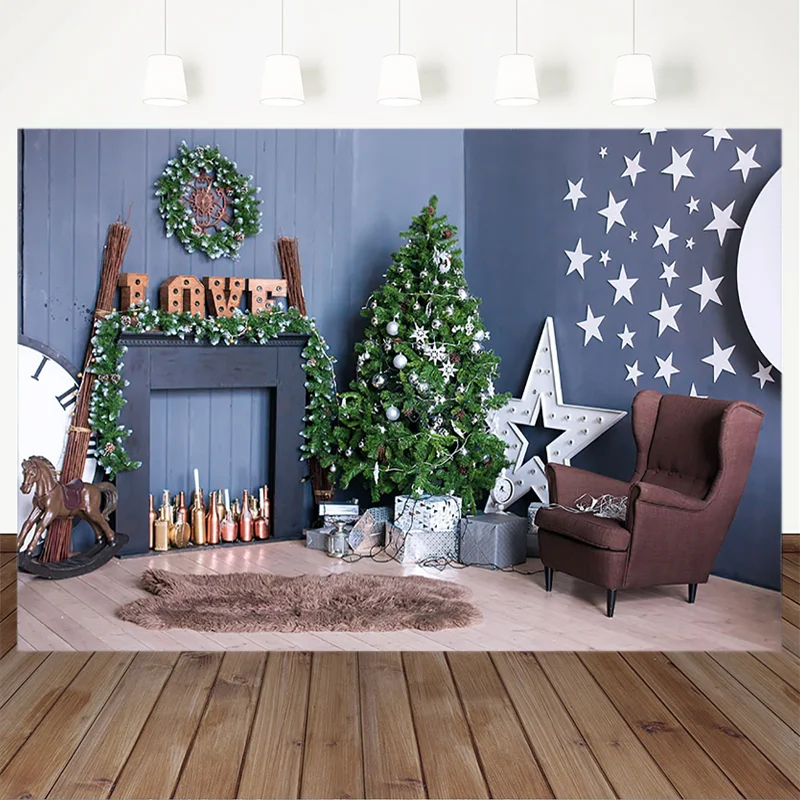 

Christmas Theme Backdrop Fireplace Decorative Tree Gift Stars horse Grey Wall Photography Background For Photo Studio