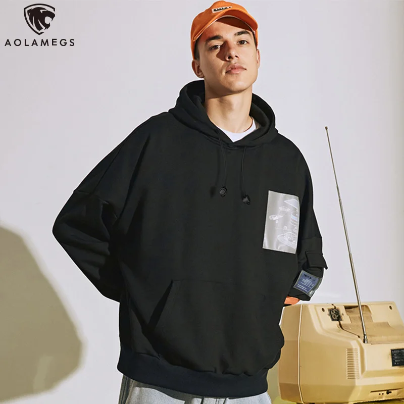 

Aolamegs Hoodies Men Sleeve Pockets Men Hooded Pullover Solid Color Oversize Simple Style Sweatshirt Lover Autumn Streetwear