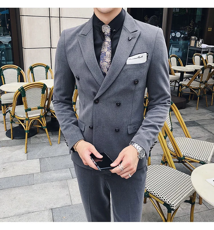 Куртка+ брюки) High-end вышивка одноцветная мужские, повседневные, деловые двубортный костюм 2 предмета в комплекте жениха, свадебное платье, смокинг
