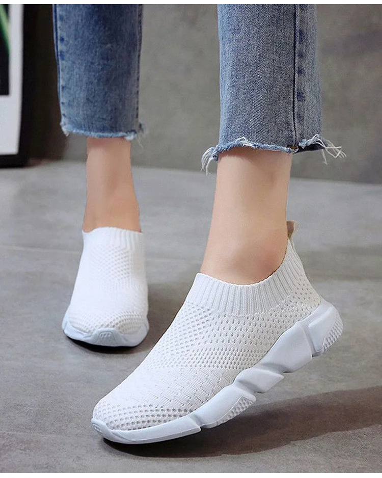 Женская обувь; белые кроссовки без шнуровки; дышащие мягкие носки; женские кроссовки; трикотажная Женская летняя обувь
