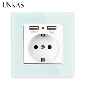 

UNKAS Green Pink Colorful Crystal Glass Panel Dual USB Charging Port 2.1A 16A Russia Spain Wall Socket EU Power Outlet