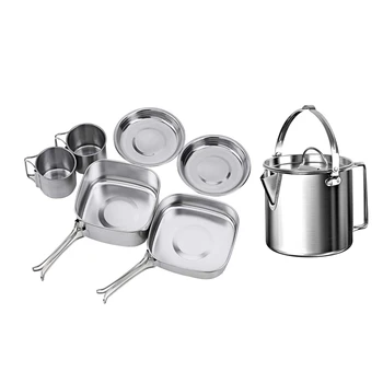 

HOT-1 Set Backpacking Camping Cookware Pot Set Stainless Steel & 1Pcs Kettle Stainless Steel Cooking Kettle 1.2L