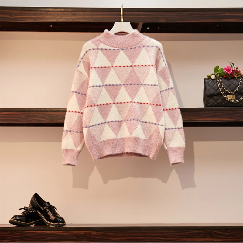 Свободный твист свитер для женщин Осень/Зима японский ретро Вырез Лодочкой Пуловер Рубашка куртка для отдыха на каждый день офис леди Argyle розовый топ