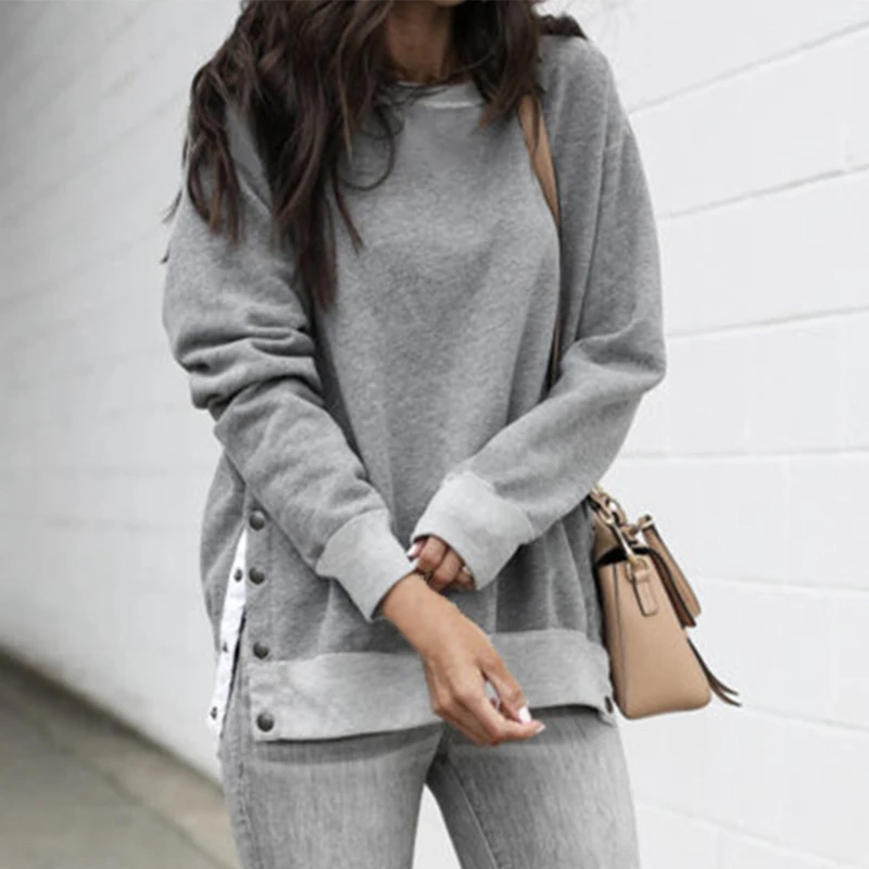 

CALOFE 2019 Autumn New Lady Sweatshirt Button O Neck Long Sleeve Sweatshirt Pullover Tops Solid Hoodie Sportswear Lady Shirt