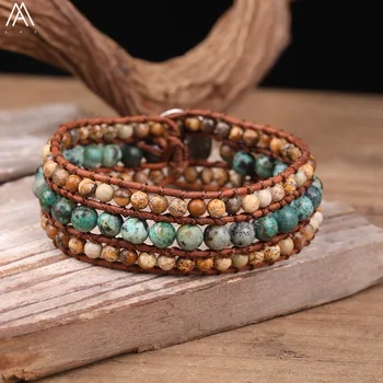 

Natural African Turquoises 6mm Beads Leather Knotted 3 Layers Bracelet Boho Women Picture Stone Multi-layerd Bracelet N0412AMBD