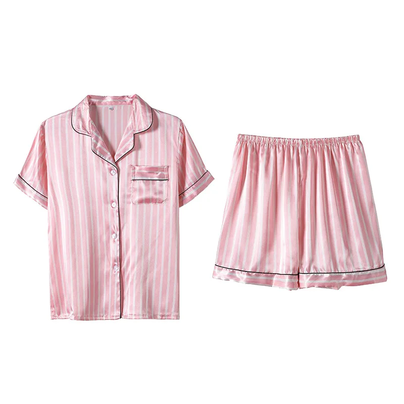 Женские шелковые пижамы, набор, полосатая Пижама с коротким рукавом, сексуальная короткая Пижама с воротником