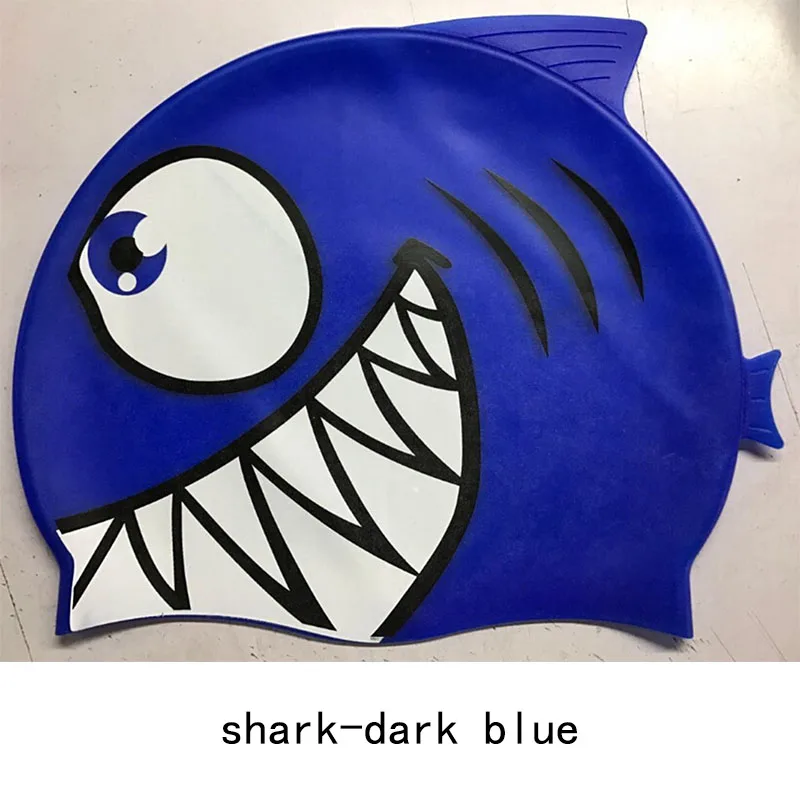 Swimming Cap Silicon Kids Children Boys Girls Baby Diving Swim Cap Hat Ear Protector Printing Silicone Waterproof Caps cute - Цвет: shark dark blue