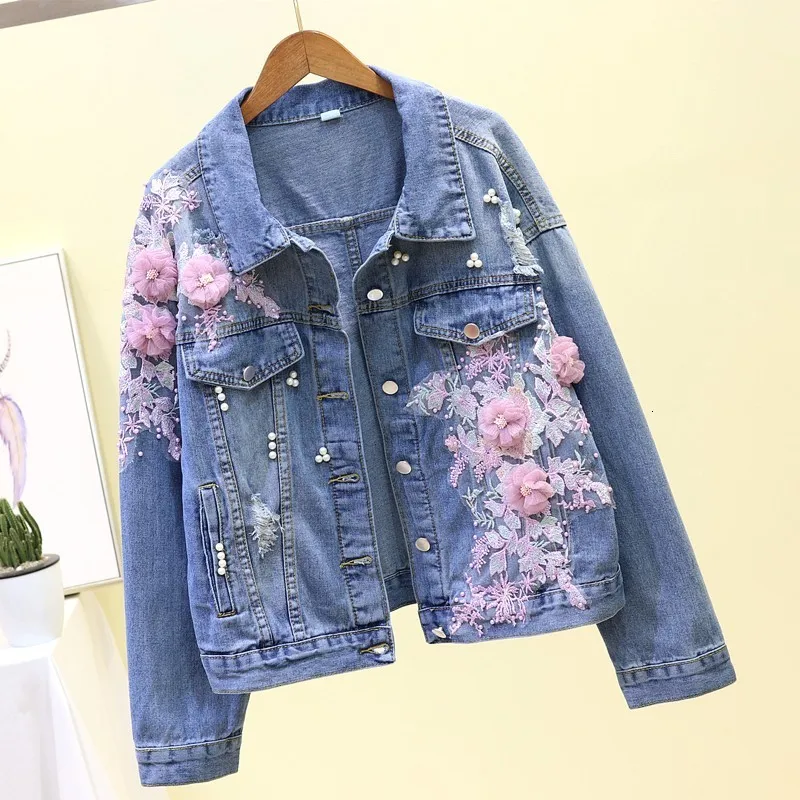 Korean Womens Embroidery Dimensional Flower Pearls Denim Jackets Long Sleeve Fashion Loose Fit Outerwear Coat Casual Streetwear | Женская