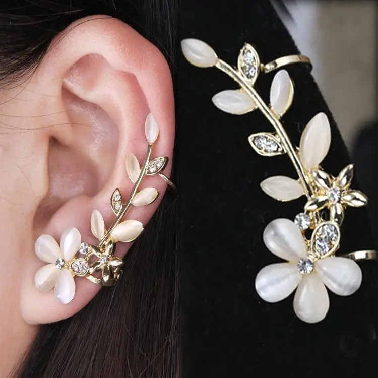 Hot New 1pc Flower Shape Rhinestone Left Ear Cuff Clip Golden Earring Ear Stud