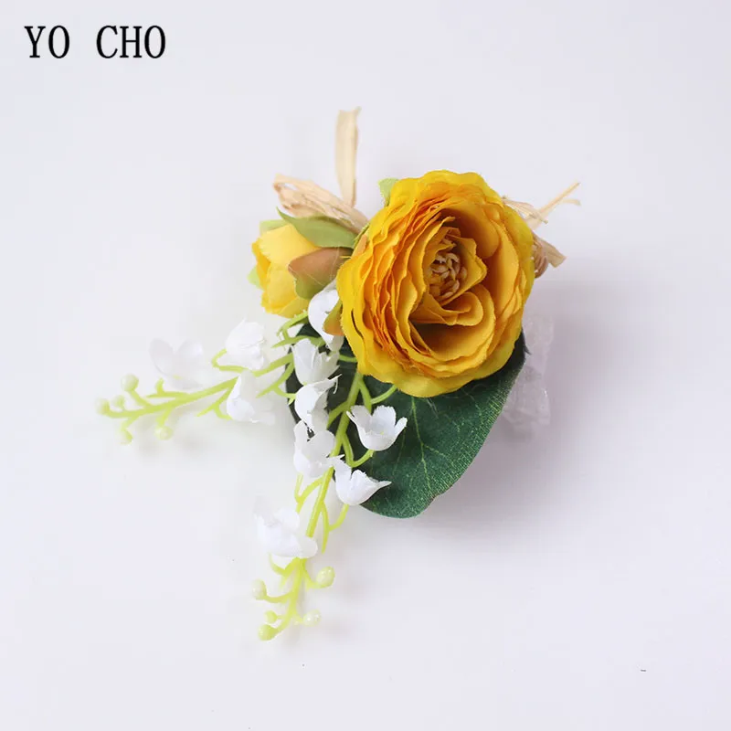 Boutonniere Flowers wedding wrist corsage flowers silk roses yellow  (3)