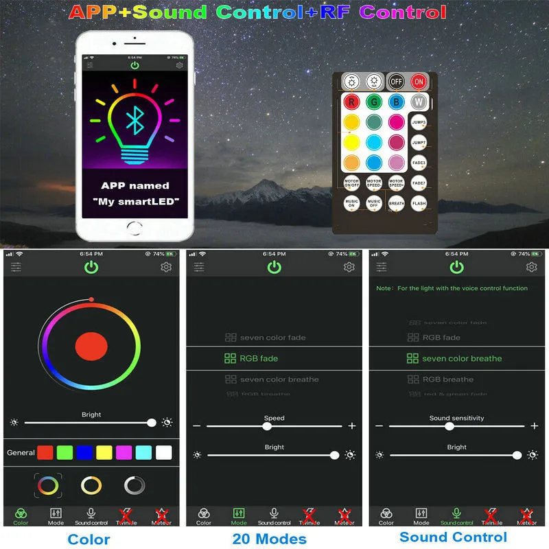 Dual heads 28key Sound Audio Remote&Bluetooth APP smart Control RGBW 16W Twinkle LED Fiber Optic Star Ceiling DIY Light Engine