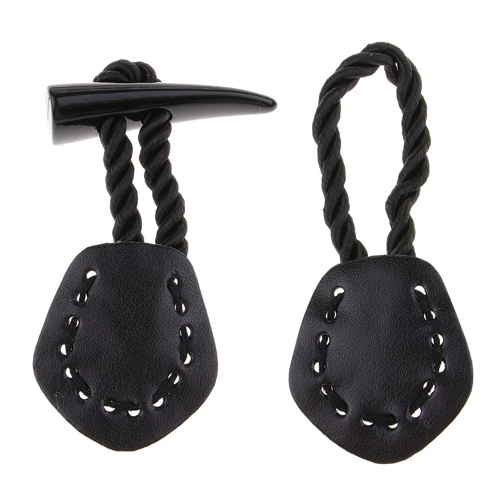 Pair Vintage PU Leather Duffle Horn Toggle Button For Craft Jacket Coat with Stitching Holes, Easy to Sew
