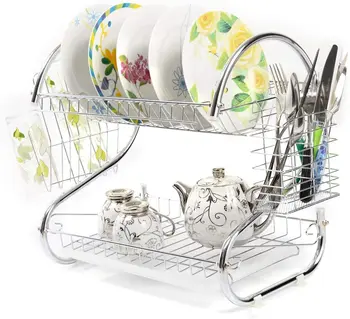

2 Tier kitchen Dish Drying Rack Kitchen Organizer Drainer Rack Stainless Steel Utensil Cup Holder with Removable Drain Board