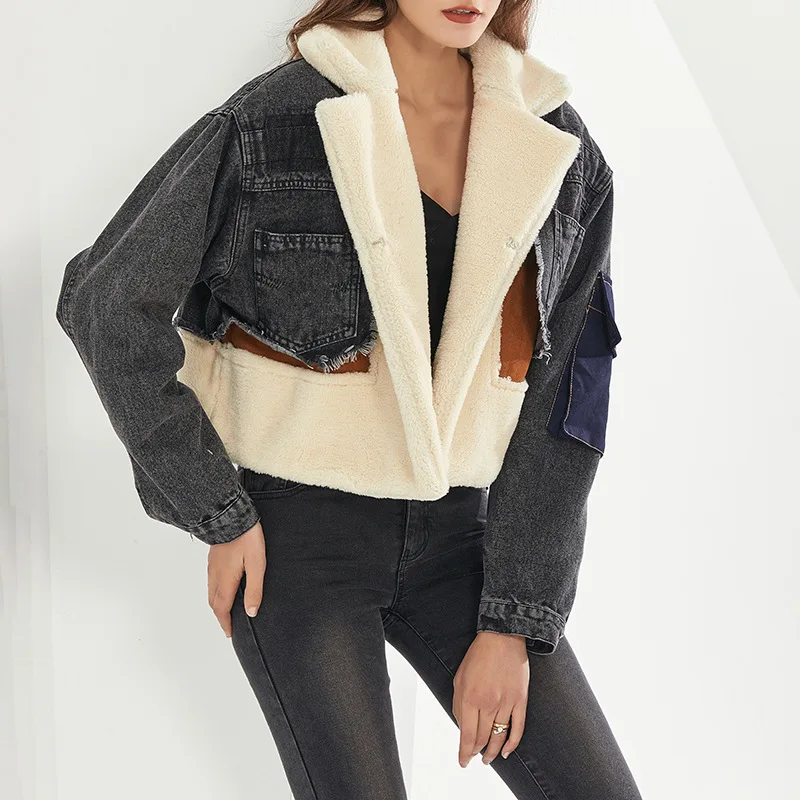 

Zoulv Patchwork Lamb Wool Denim Jacket Women Lapel Long-sleeved Fringed Casual Thick Loose Jacket Women 2020 Winter Trendy