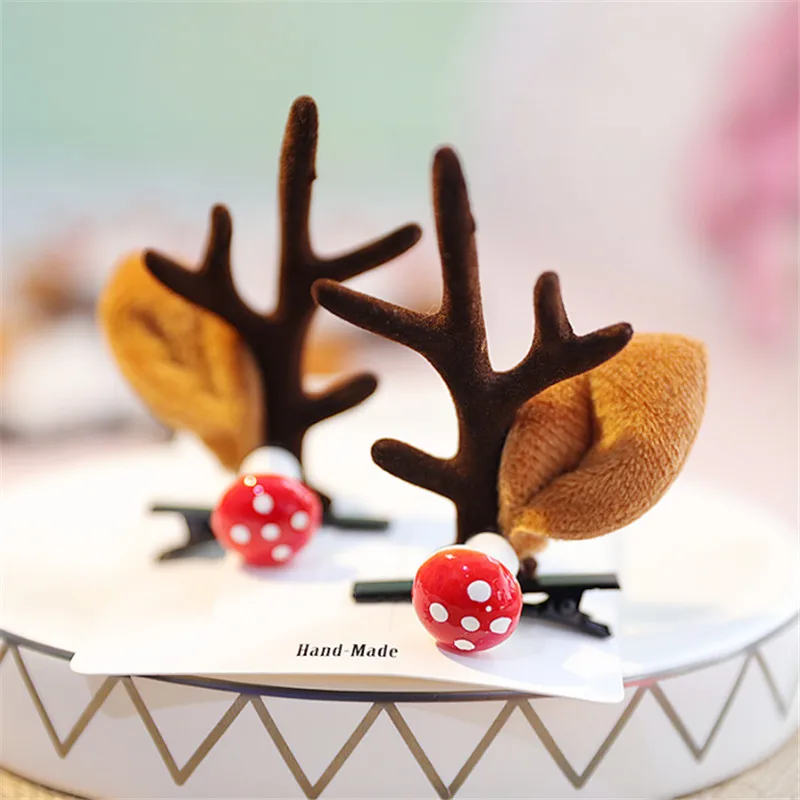 10pair/lot Fashion Christmas Cute Hair Clips Deer Antlers Mushroom Faux Fur Ball Girls Children Hairpins Hair Accessories