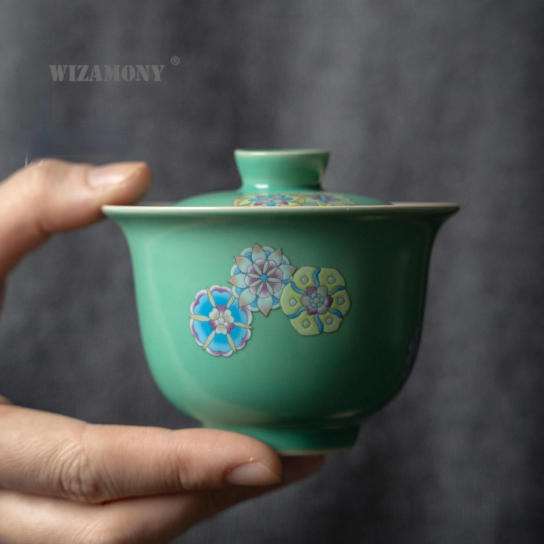 

WIZAMONY Ancient wind high temperature color glaze pine green two only cover the bowl teacup single ceramic kung fu tea set