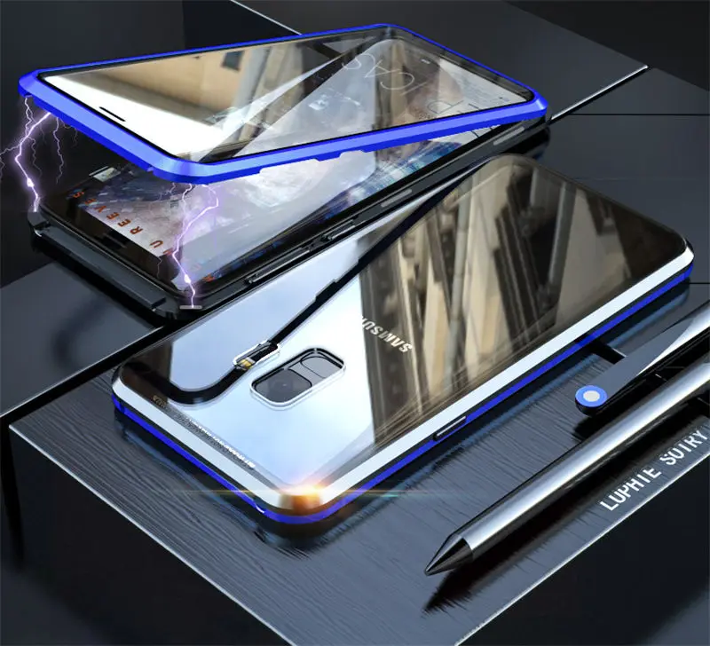 360 Полный корпус Магнитный чехол, чехлы для samsung Galaxy Note 9 8 металлический бампер магнит Броня для samsung Note9 Чехлы 360 Note8 coque - Цвет: Black Blue