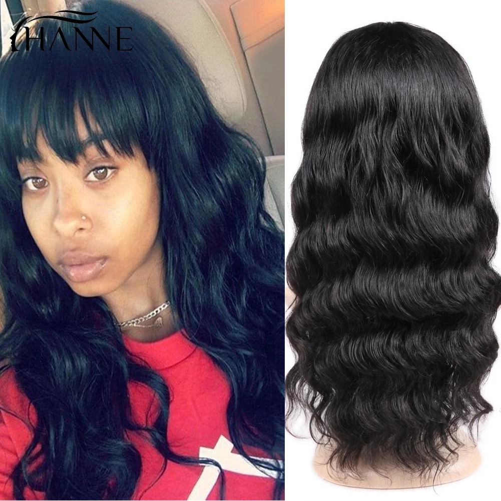 Comprar Pelucas de cabello humano sueltas de onda profunda con flequillo pelucas de cabello humano brasileño peluca Remy para mujeres pelo de Hanne negro Natural