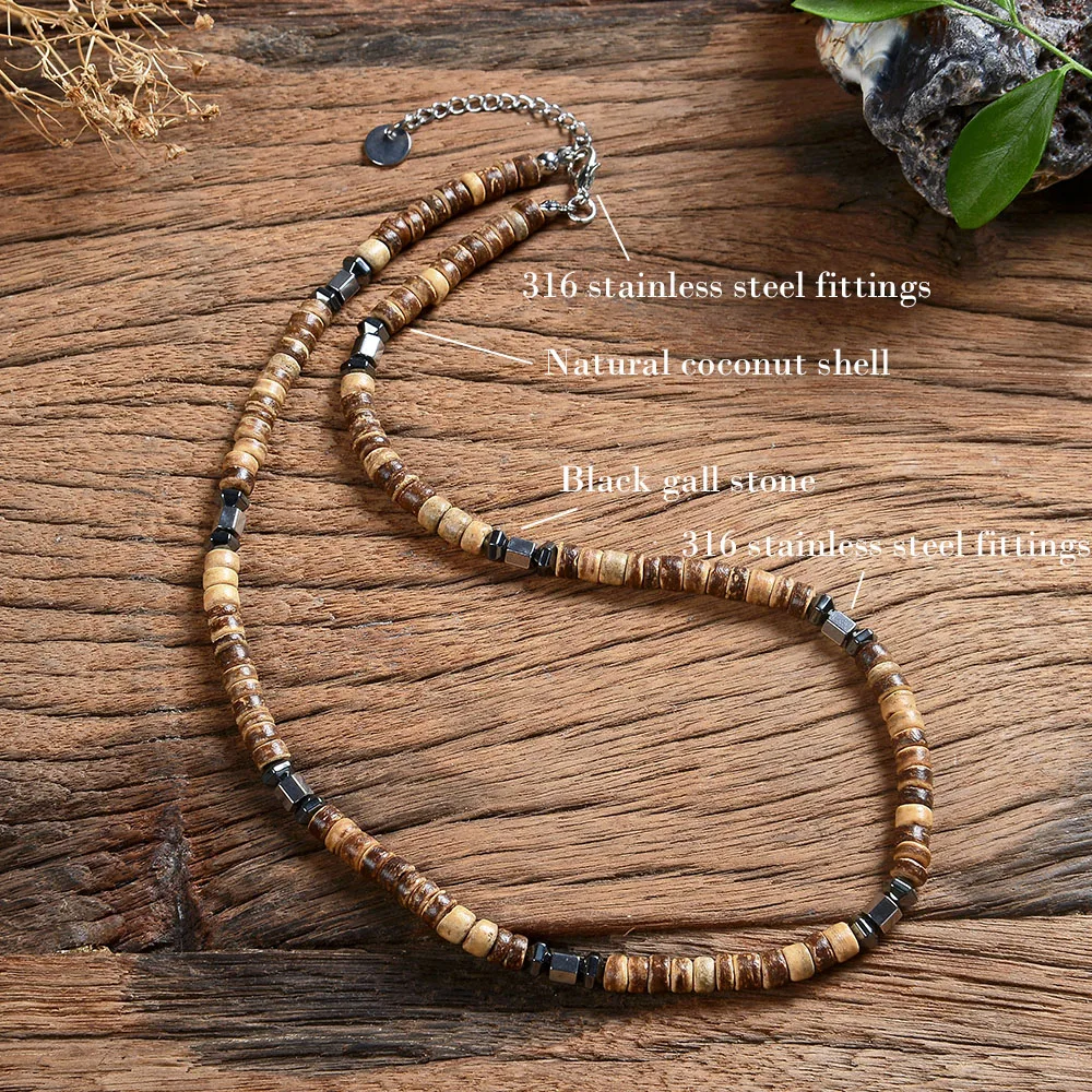 HANA LIMA Unisex Stainless Steel & Leather Surfer Necklace – Wood & Coconut Pendant, Germany