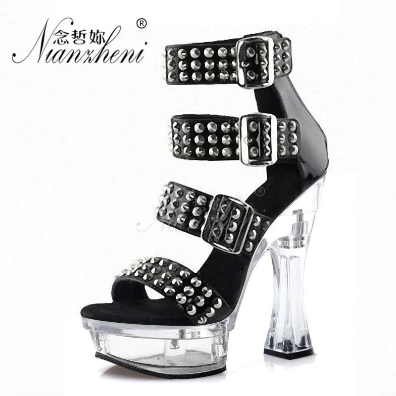 

6 inches Super High heeled shoes Roman Hollow Metal Rivet Gothic Narrow band 14cm Spool heels Nightclub SandalsLady Pole dancing