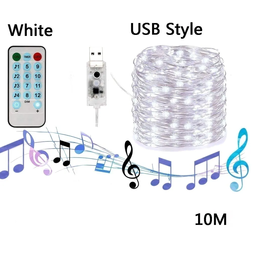 White USB лампа строка Музыка огни Строка Светодиодный гирлянда с пультом дистанционного управления Управление 5 м/10 м красивые и оригинальные стулья для свадьбы, праздника - Испускаемый цвет: White