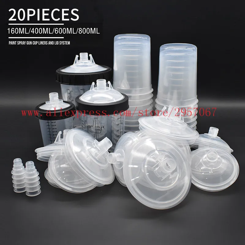 20pcs PPS Paint Spray Gun Cup Lids and Liners Kit 160/400/600/800ml Paint Mixing Cup PPS H/O Quick Disposable paint cup for Cars