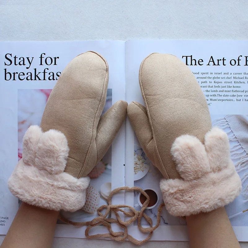 Winter Warm Suede Knitted Mittens Women's Color Plus Velvet Thickening Outdoor Windproof and Cold-Proof Girl Student Gloves