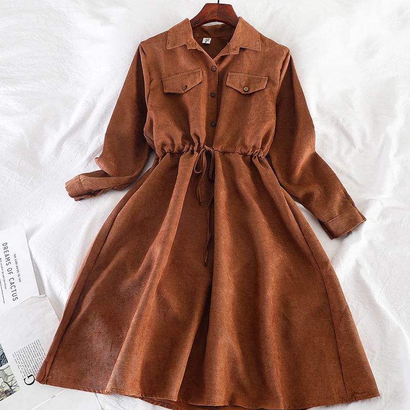 Women Dress Женское Плиссированное Бандажное платье с расклешенными рукавами и оборками винтажное эластичное тонкое карманное платье-пуловер Кардиган на пуговицах миди платье - Цвет: Women Dress
