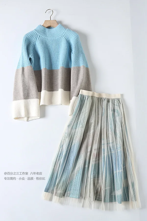 

One's Metropolitan Art Mixed Colors Profile Sweater Oil Painting Gauze Skirt Set Entity