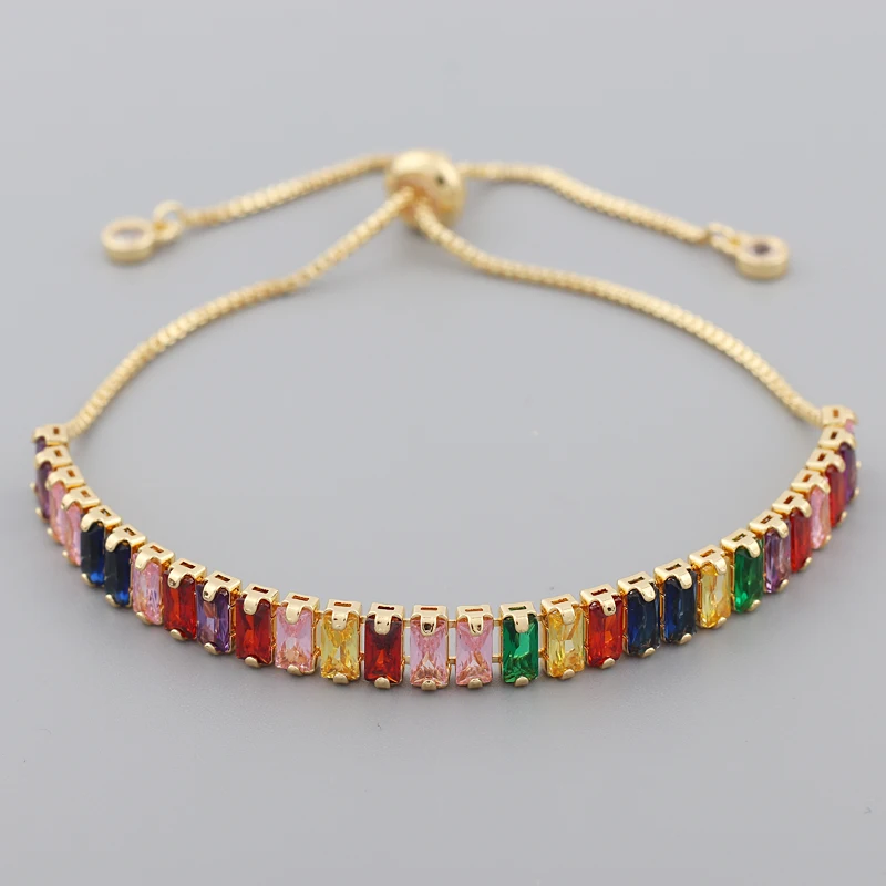 Bracelet Jewelry 18K Gold Plated Baguette Cubic Zirconia Bracelet For Women Men Luxury Jewelry Rainbow CZ Tennis Bangle Girl Gift