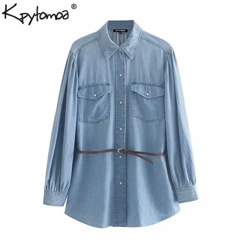 

Vintage Stylish With Belt Pockets Denim Shirt Women 2020 Fashion Lapel Collar Long Sleeve Loose Blouses Chic Tops Blusas Mujer