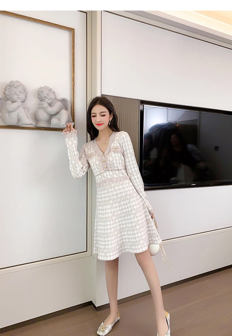 autumn winter new wave autumn dress small fragrance houndstooth waist waist long sleeve knit dress
