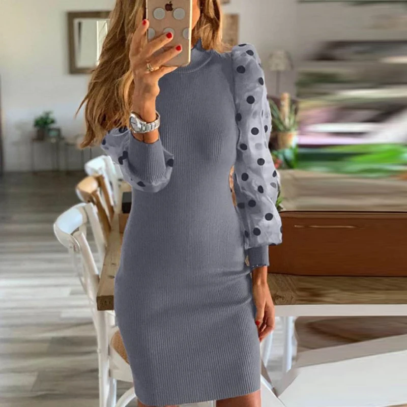 05 Polka Dot Gray Сексуальное Пышное Сетчатое трикотажное платье с длинным рукавом для женщин; сезон осень; кружевные вечерние платья с круглым вырезом в стиле пэчворк; женские платья в горошек; Vestidos - Цвет: 05 Polka Dot Gray