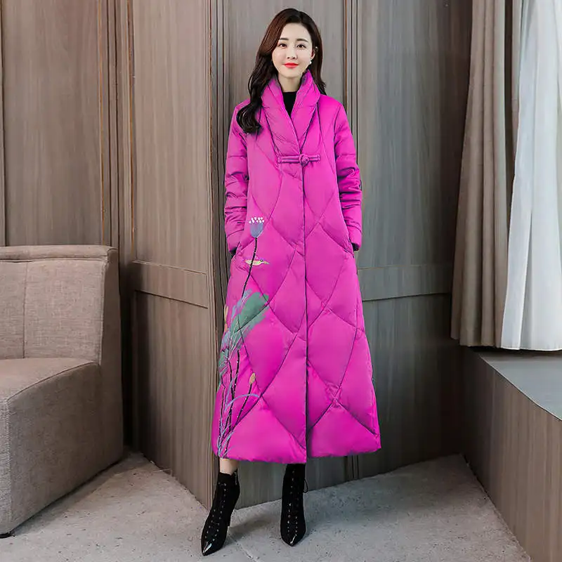 Винтажная женская зимняя куртка размера плюс 3XL с хлопковой подкладкой, Женское зимнее пальто, женская куртка с воротником-стойкой, Длинные парки C5960