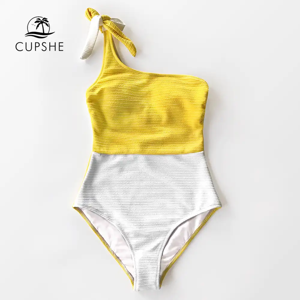 CUPSHE Green And White Colorblock One Shoulder One Piece Swimsuit 2020